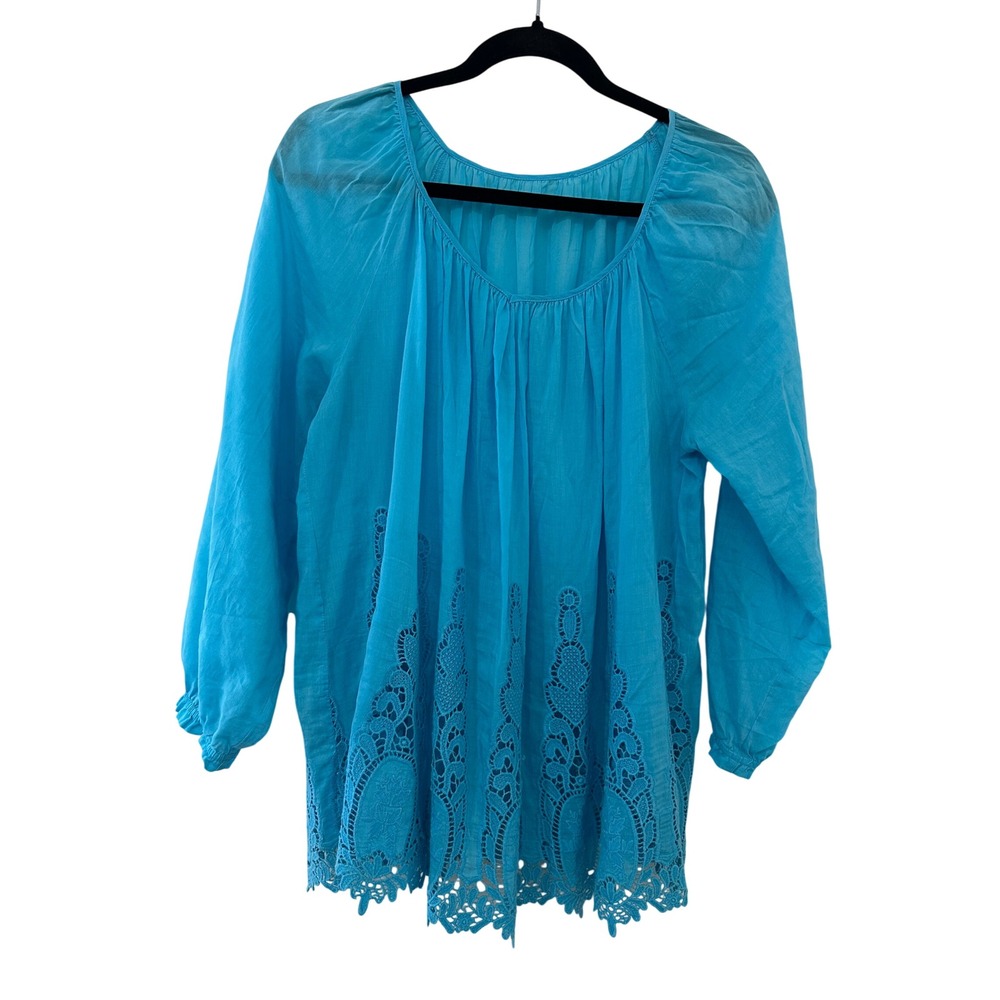 Blue Cotton Gauze Crochet Lace Peasant Top Long Sleeve Boho Size XL Lightweight